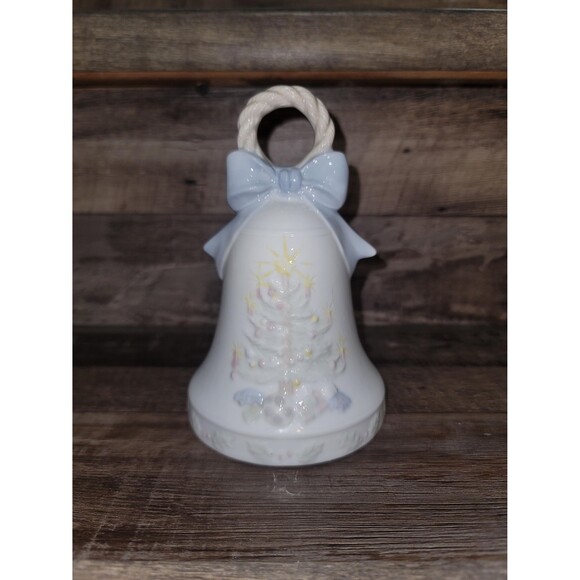 Other - White Porcelain Christmas Musical Bell With Christmas Tree And Blue Bow 6 inch